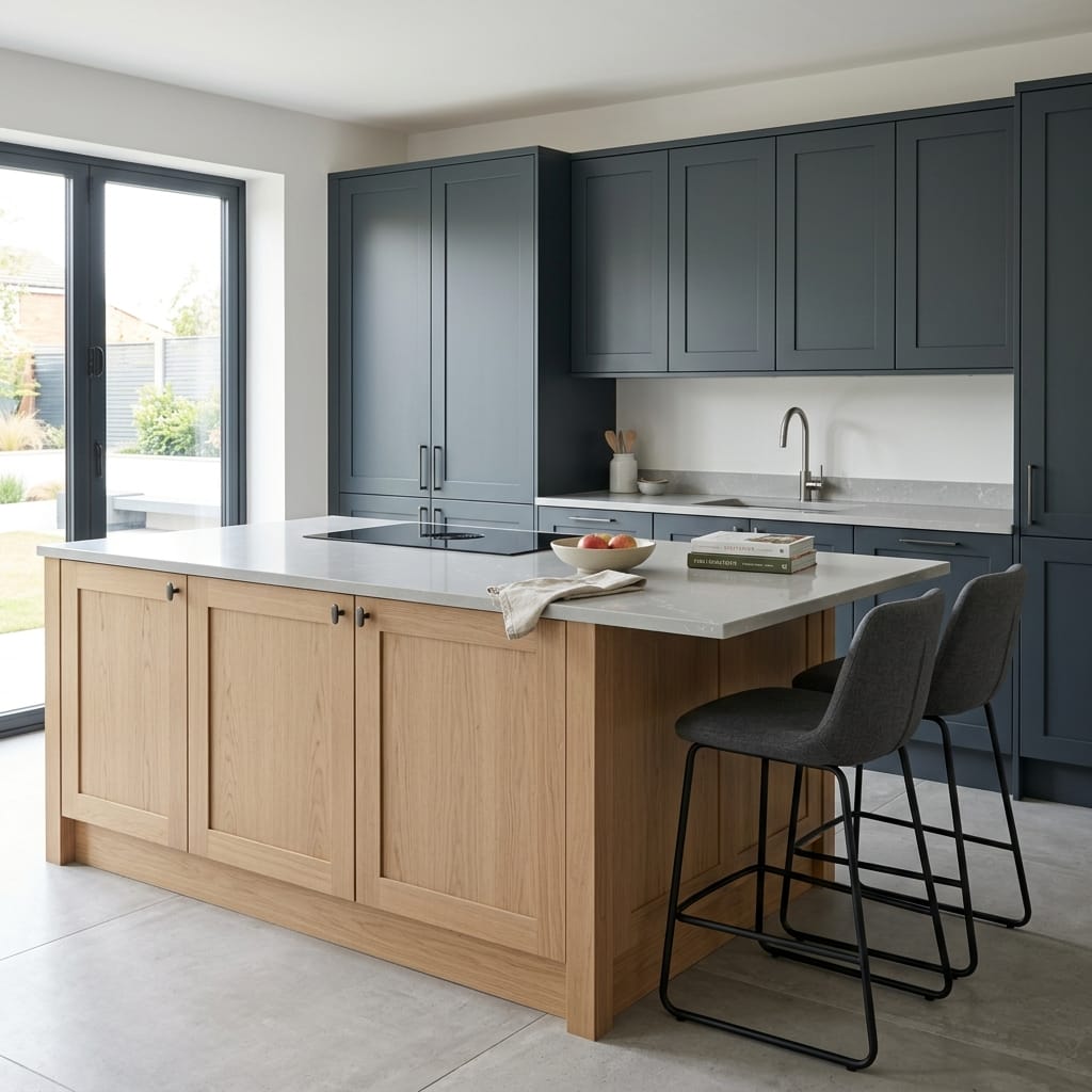 matte blue cabinets with light wood island and grey breakfast bar stools