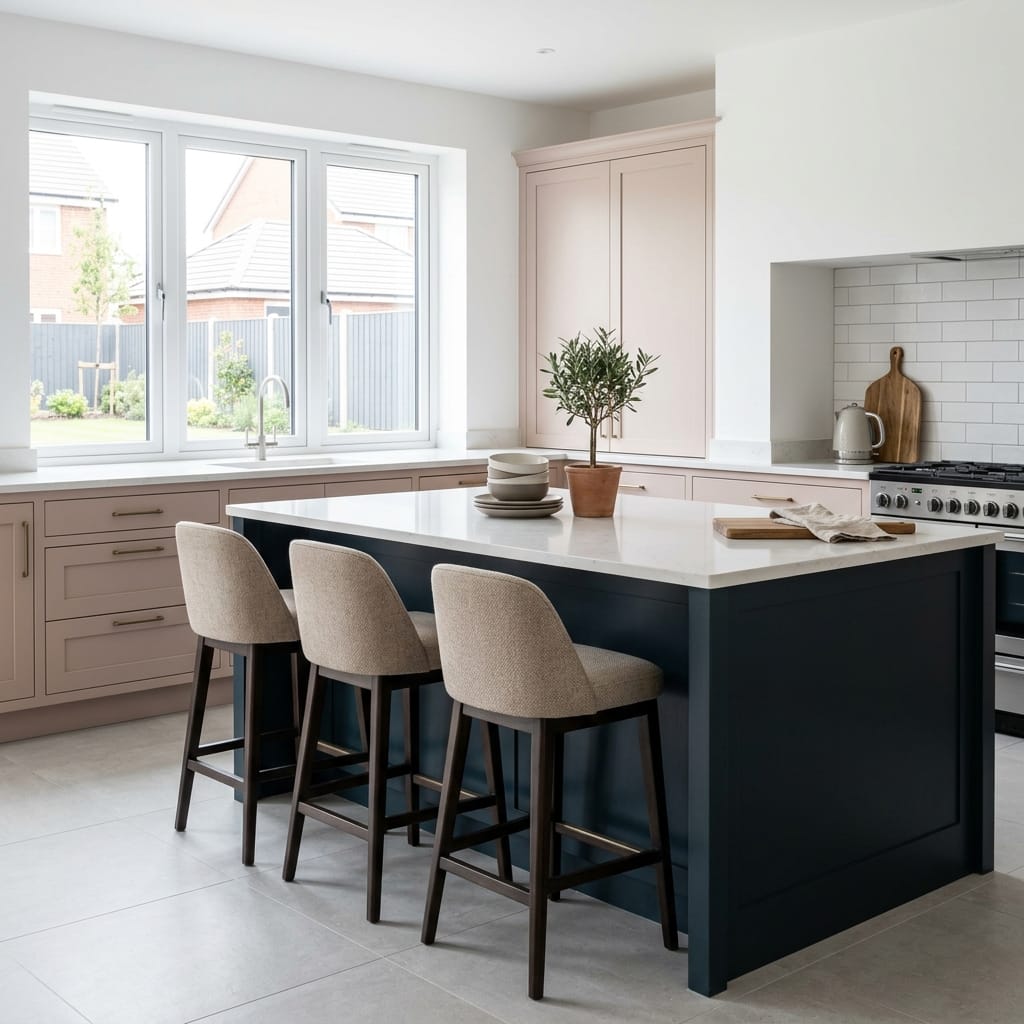 pastel pink cupboards with dark island and three upholstered bar stools