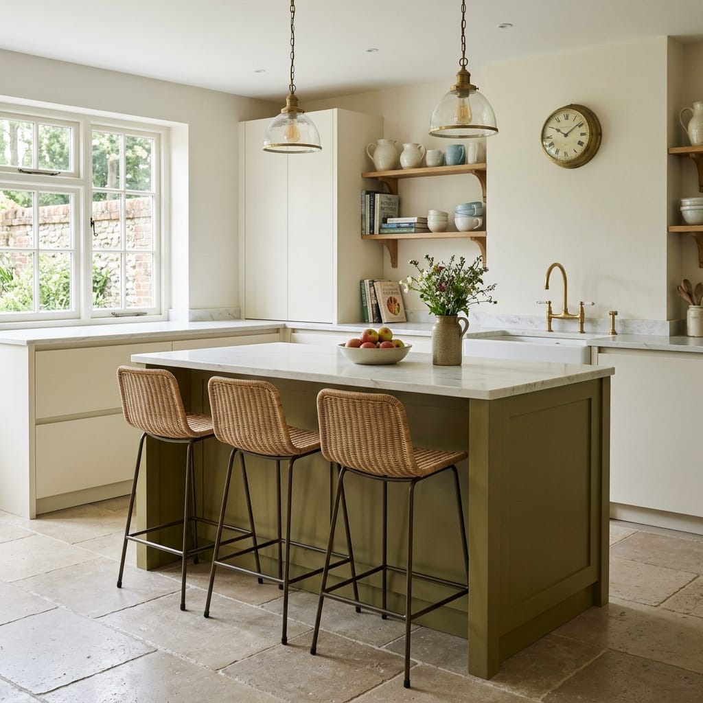 sage green kitchen island with wicker bar stools and open wooden shelves