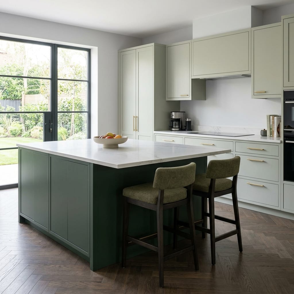 sage green kitchen with large island and herringbone wood flooring