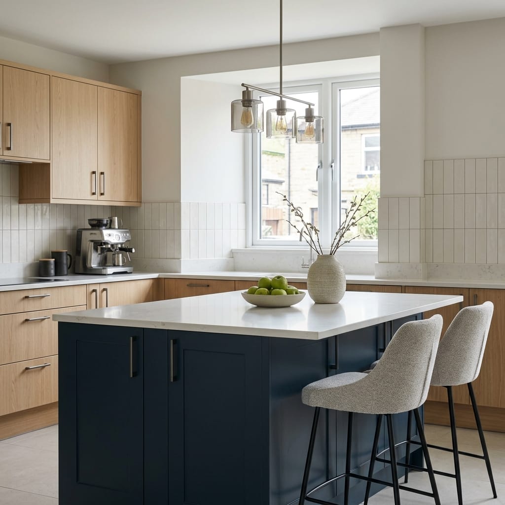 modern kitchen with navy island, light wood units and pendant glass lighting