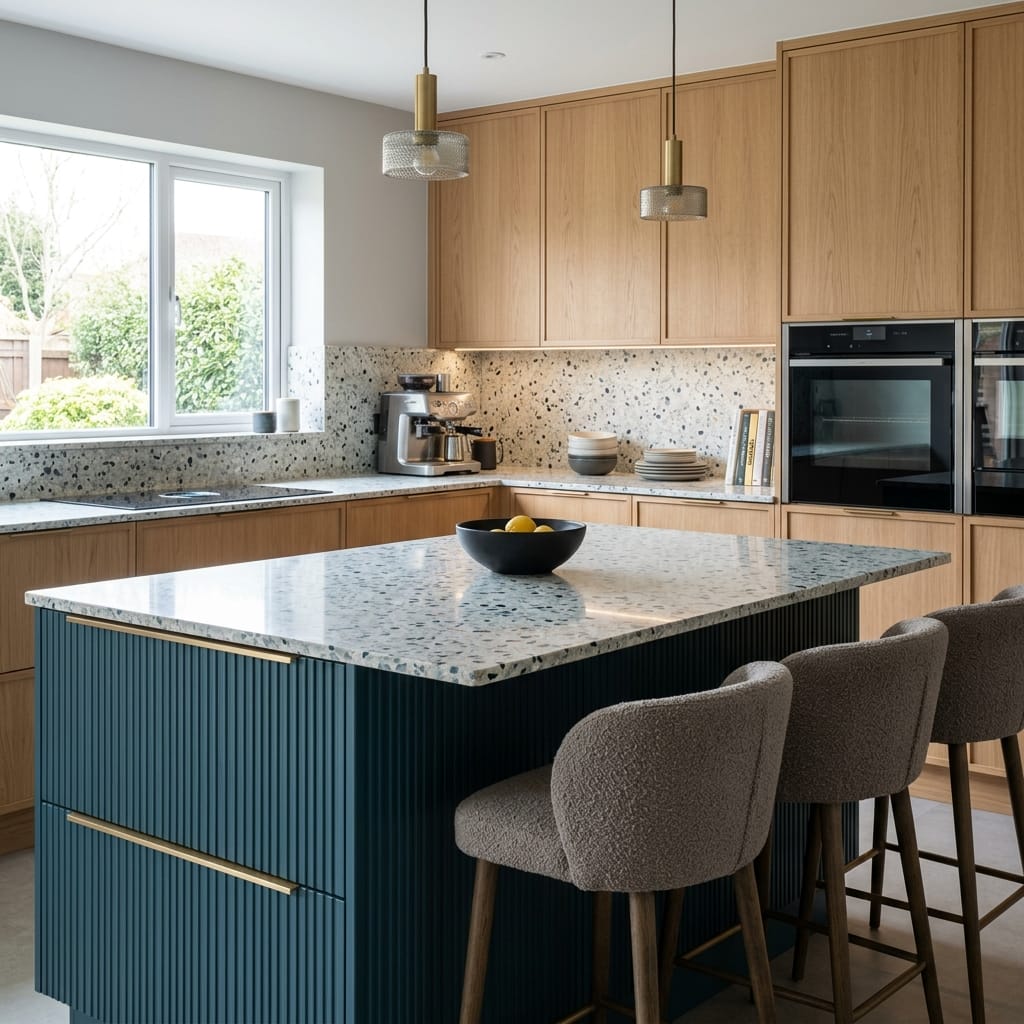 square1_800x800-175 terrazzo worktops with blue island, wooden cabinets, and textured bar stools
