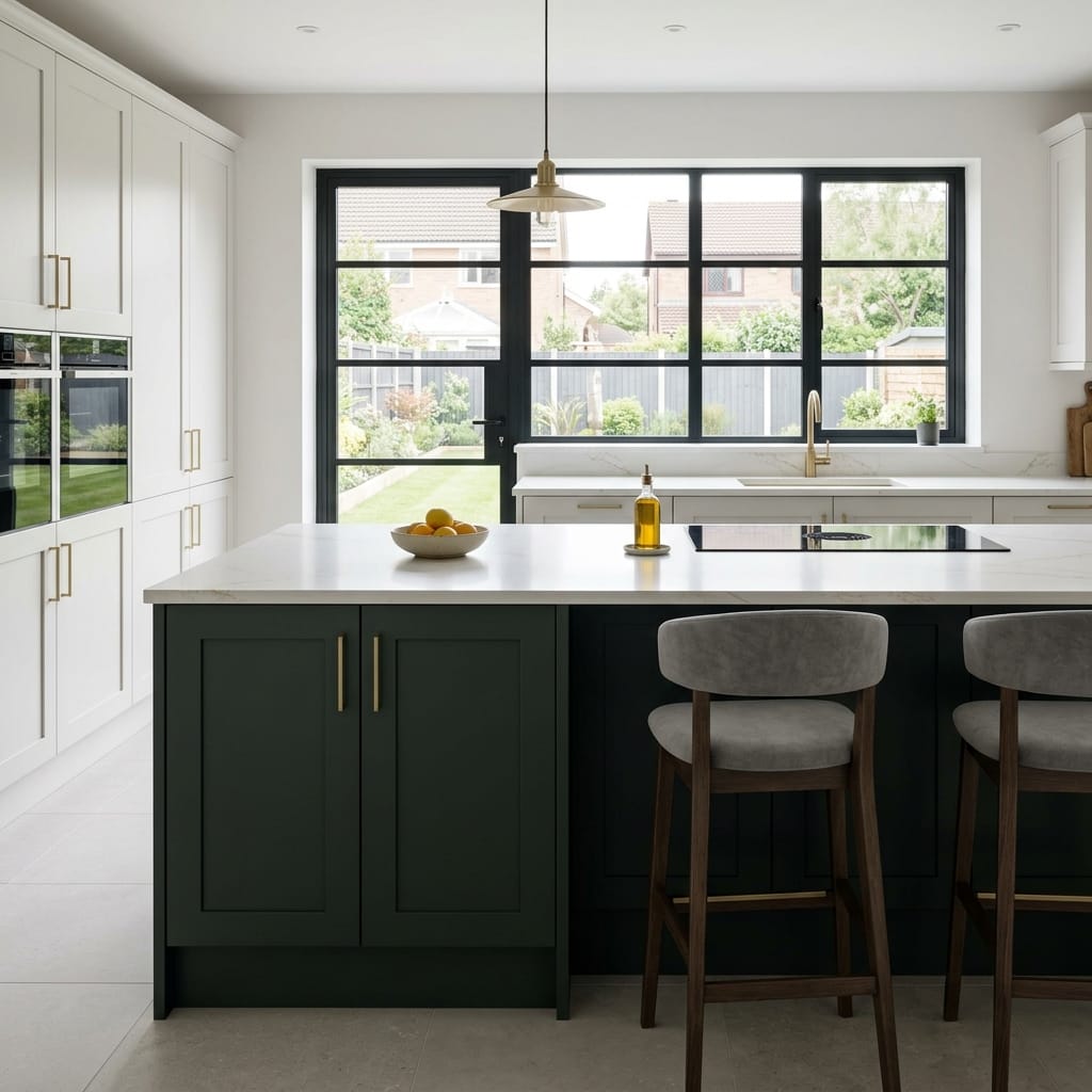 Bespoke kitchen island detail, timber veneer slab-door cabinetry with quality joinery