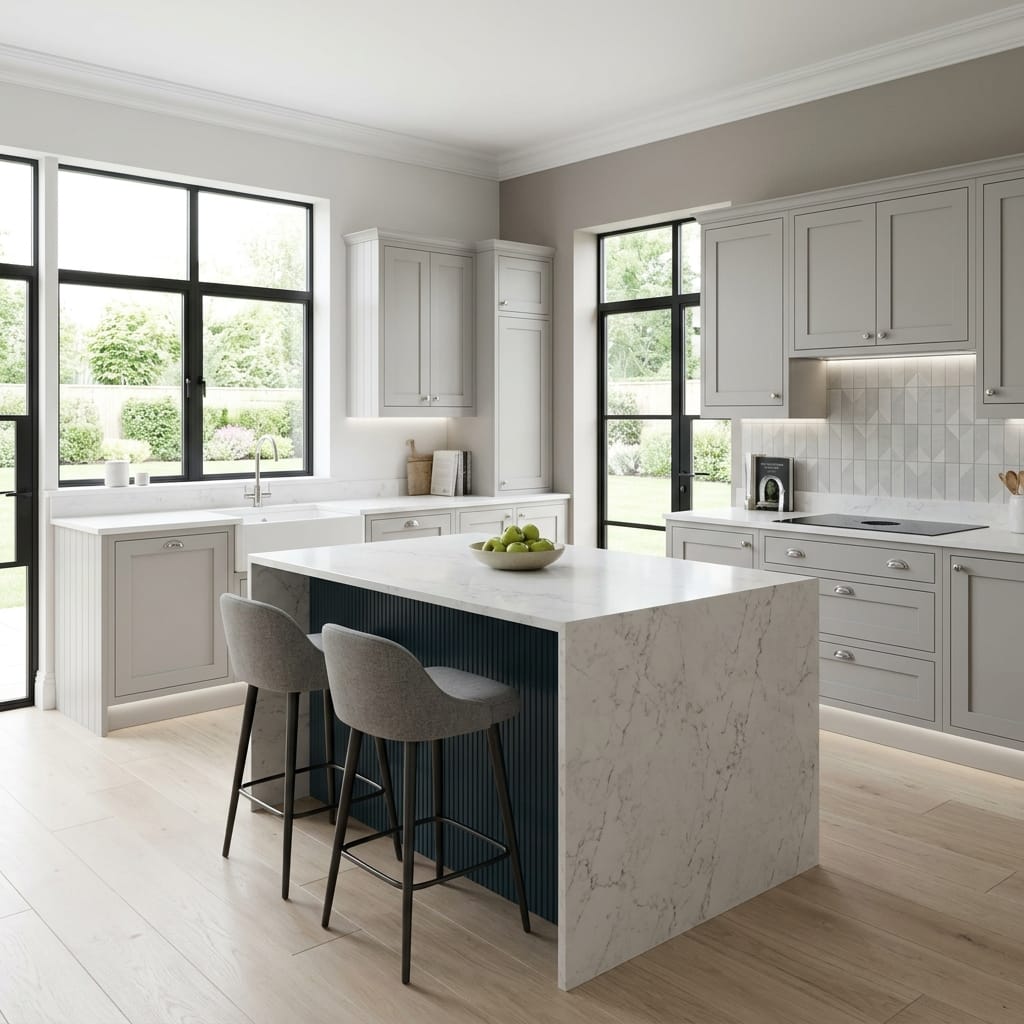 Bespoke kitchen island detail, matt painted handleless slab cabinetry with quality joinery