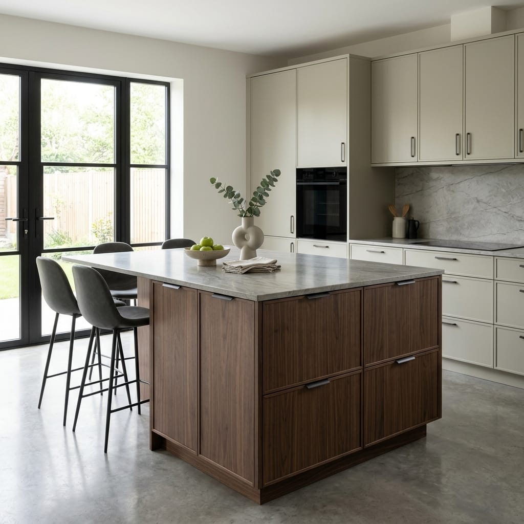 Bespoke kitchen island detail, timber veneer slab-door cabinetry with quality joinery