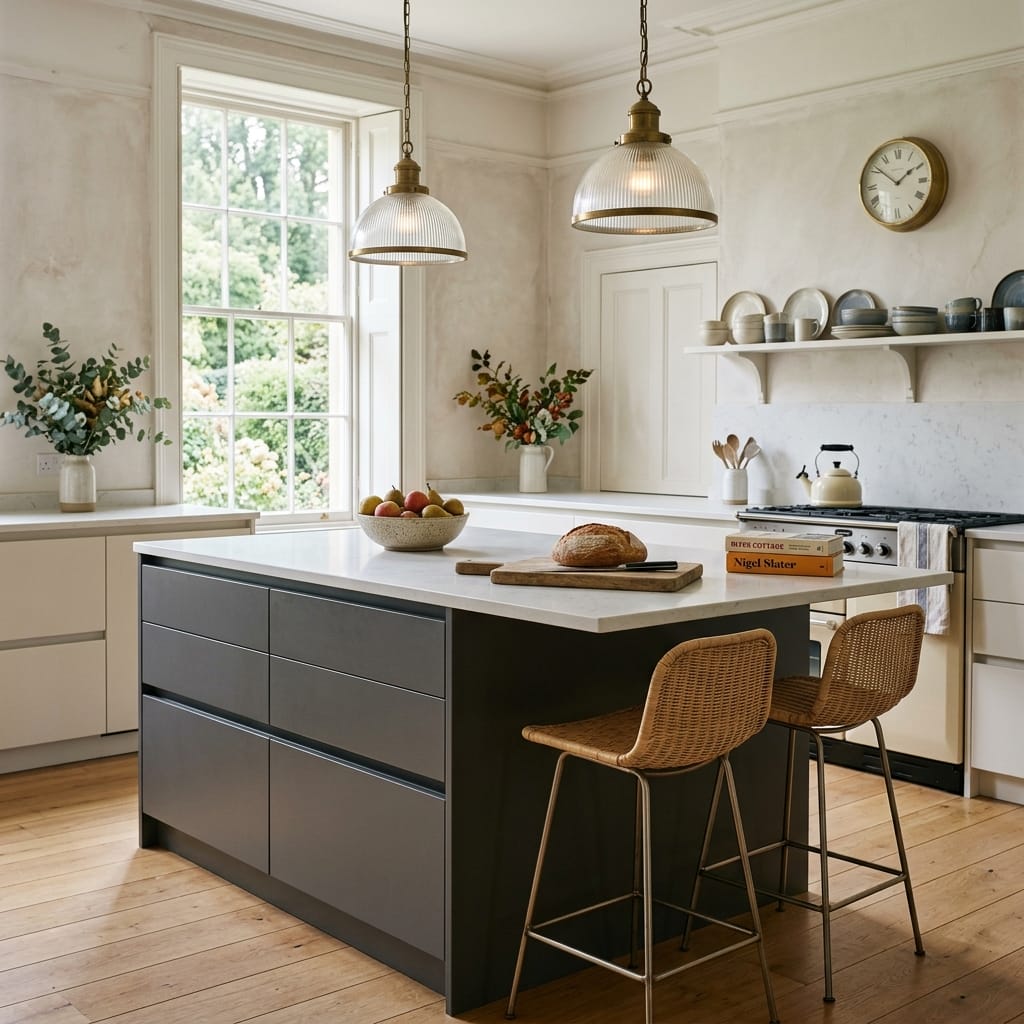 modern kitchen with dark island, light worktops, rattan stools and pendant lights