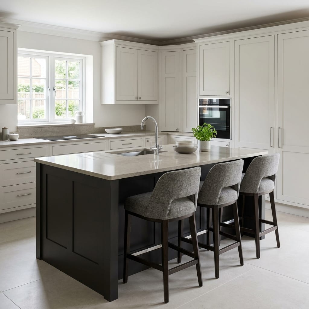 modern kitchen with grey island, light worktops and three upholstered bar stools