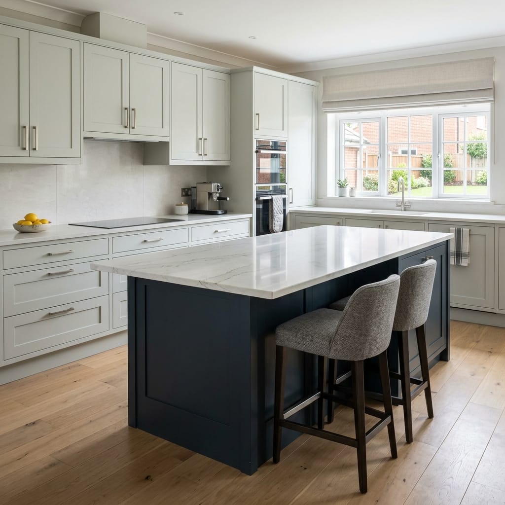 modern kitchen with pale cabinets, navy island and marble worktop