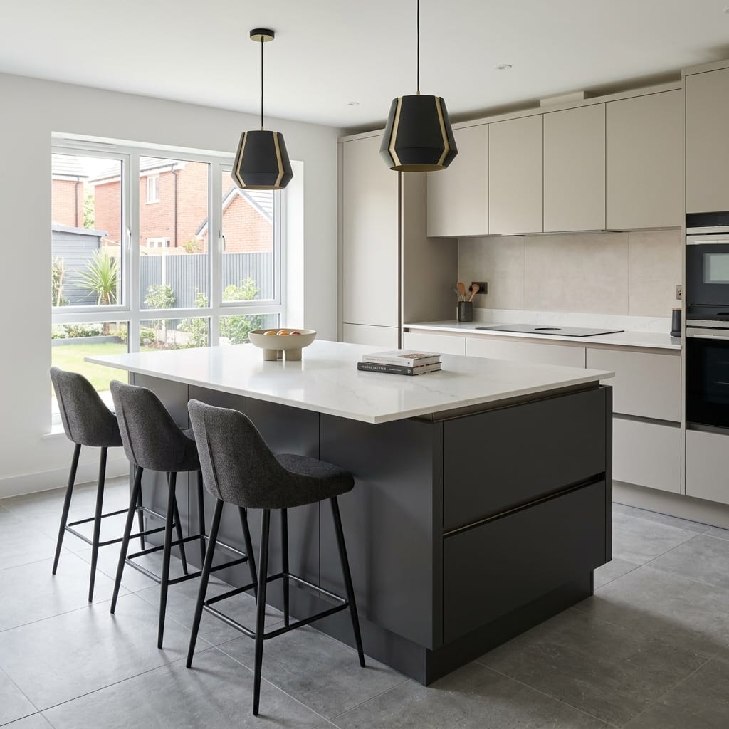 square1_800x800-182 Modern Mastercraft kitchen with grey island, white worktop and black pendant lights