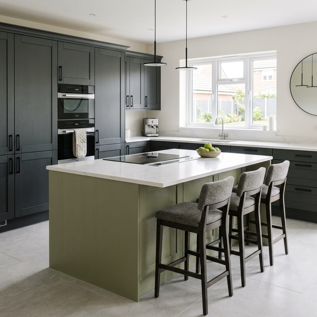 modern kitchen with dark green units, marble island, and three grey bar stools