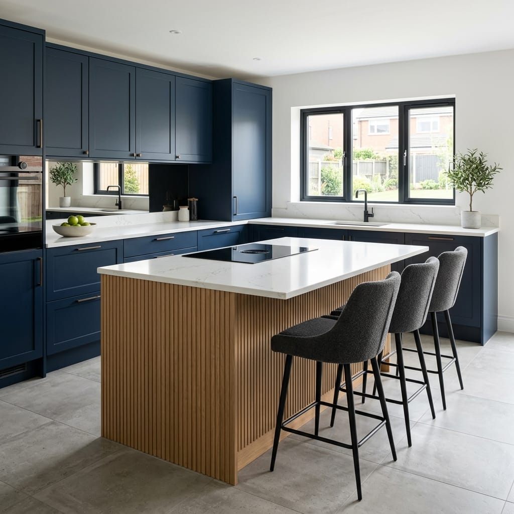 Bespoke kitchen island detail, contemporary painted lay-on cabinetry with quality joinery