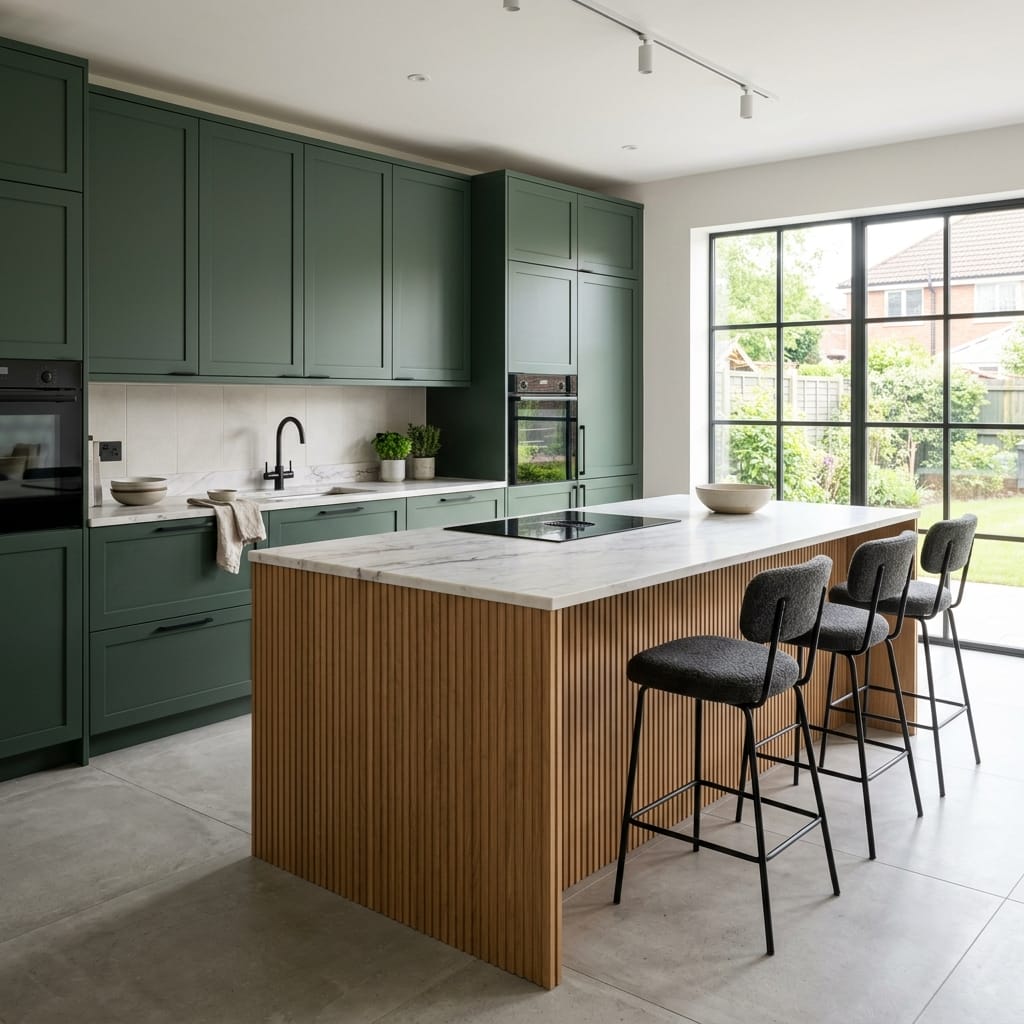 Bespoke kitchen island detail, modern shaker cabinetry with quality joinery