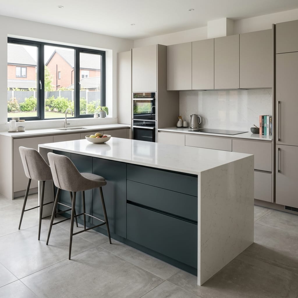 Bespoke kitchen island detail, matt painted handleless slab cabinetry with quality joinery