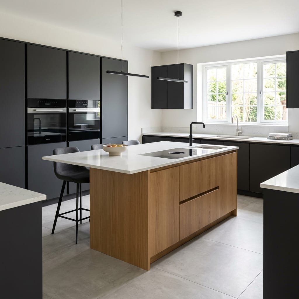 Bespoke kitchen island detail, timber veneer slab-door cabinetry with quality joinery