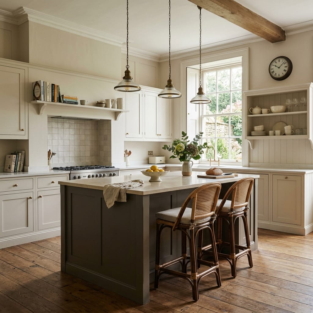 Classic kitchen with shaker units, wooden island, rattan stools and pendant lighting