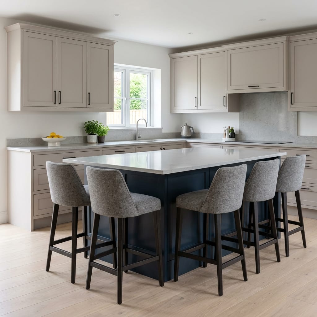 Bespoke kitchen island detail, contemporary painted lay-on cabinetry with quality joinery