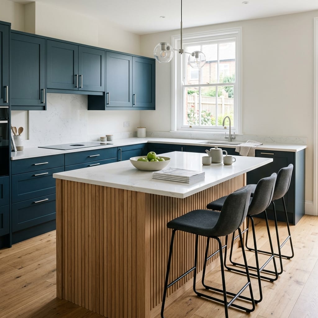 Bespoke kitchen island detail, modern shaker cabinetry with quality joinery