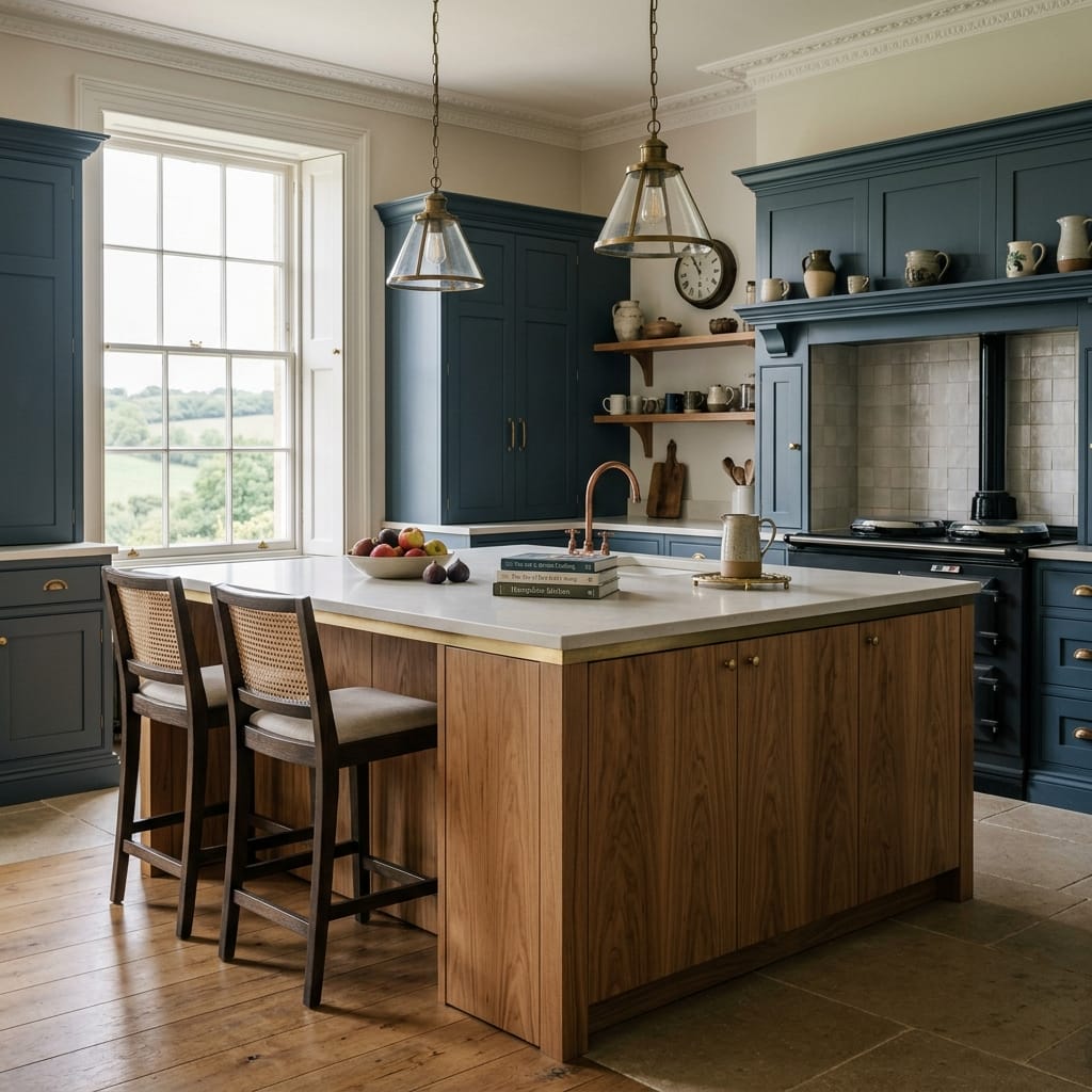 square1_800x800-20 wooden island with light worktop, blue cupboards, pendant lights, and large window