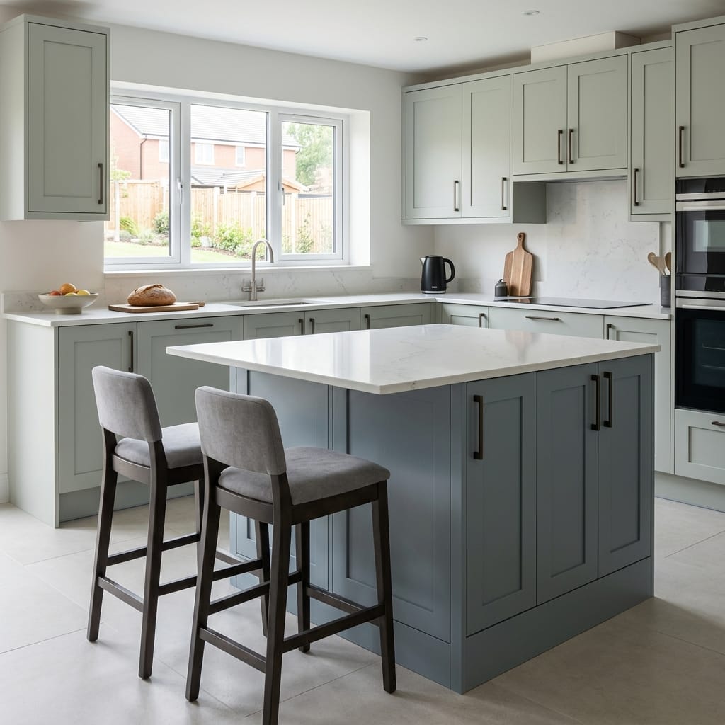 square1_800x800-200 Bespoke kitchen island detail, matt painted handleless slab cabinetry with quality joinery