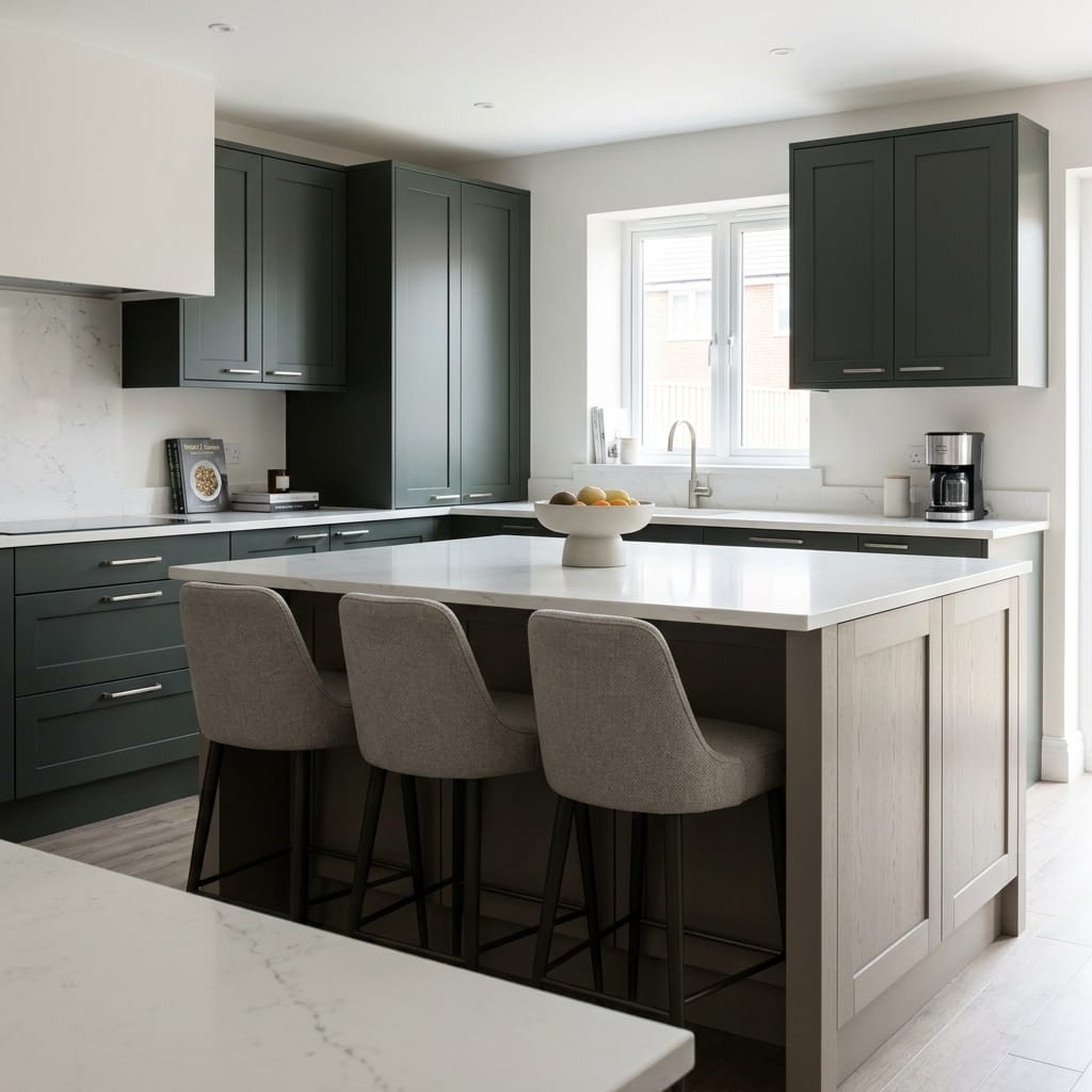 square1_800x800-205 Bespoke kitchen island detail, matt painted handleless slab cabinetry with quality joinery