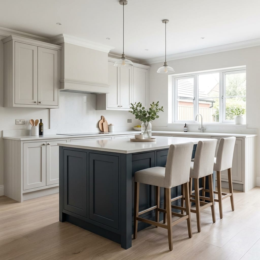 Bespoke kitchen island detail, timber veneer slab-door cabinetry with quality joinery