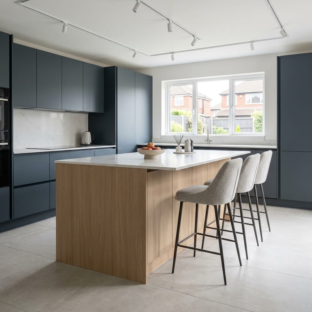 Bespoke kitchen island detail, contemporary painted lay-on cabinetry with quality joinery