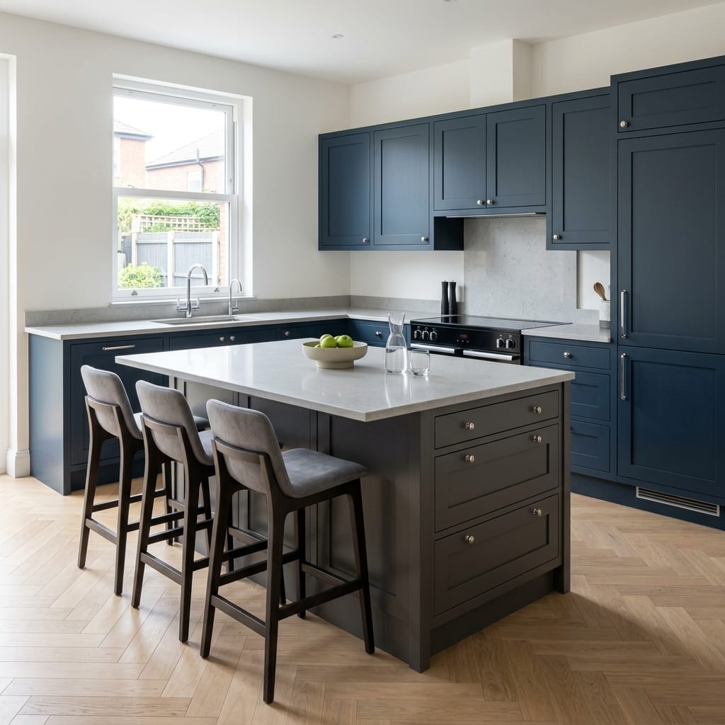 Bespoke kitchen island detail, matt painted handleless slab cabinetry with quality joinery