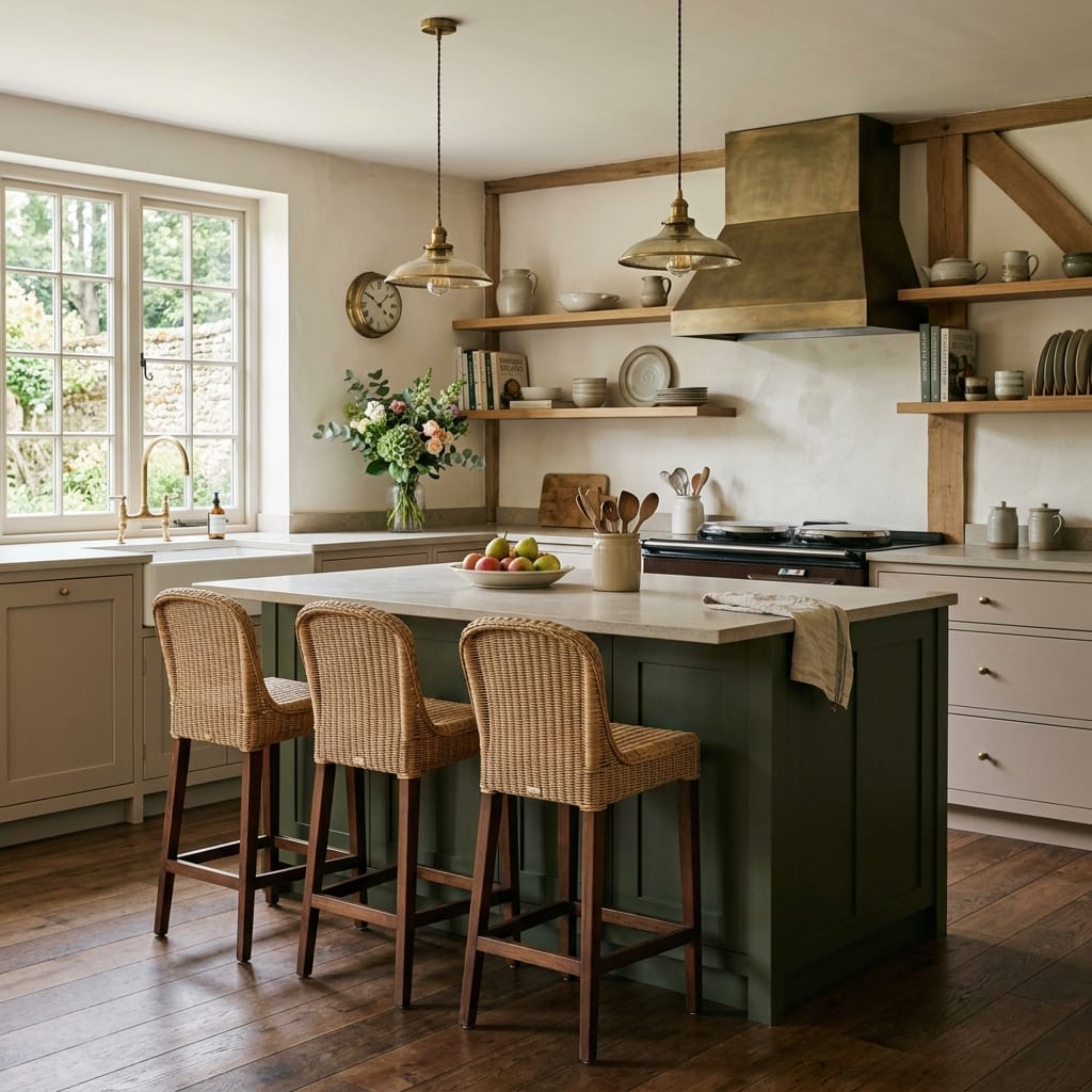 square1_800x800-21 rustic kitchen with green island, wicker stools and brass pendant lights