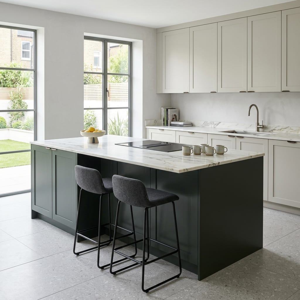 Bespoke kitchen island detail, modern shaker cabinetry with quality joinery