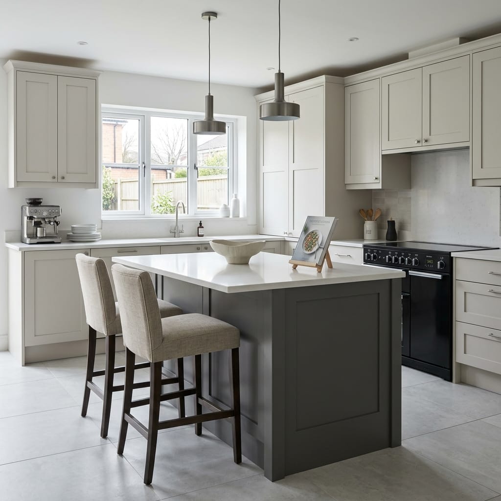 Bespoke kitchen island detail, matt painted handleless slab cabinetry with quality joinery