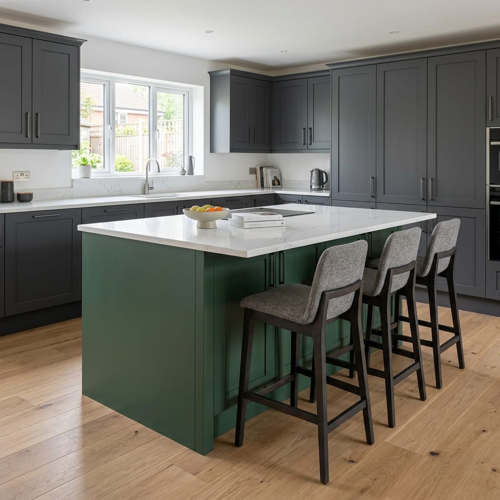 Bespoke kitchen island detail, modern shaker cabinetry with quality joinery
