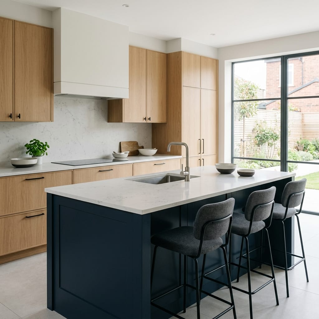 Bespoke kitchen island detail, modern shaker cabinetry with quality joinery