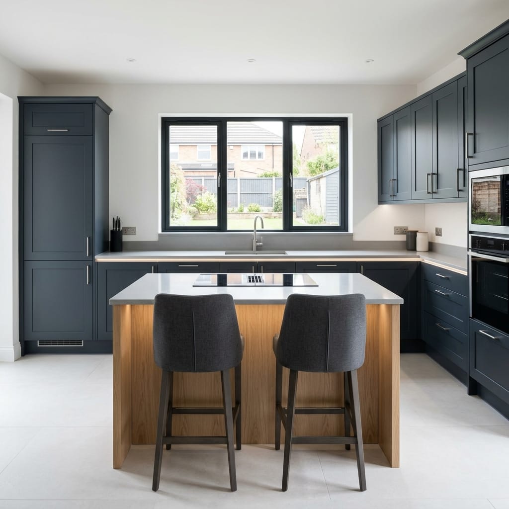 square1_800x800-217 Bespoke kitchen island detail, matt painted handleless slab cabinetry with quality joinery