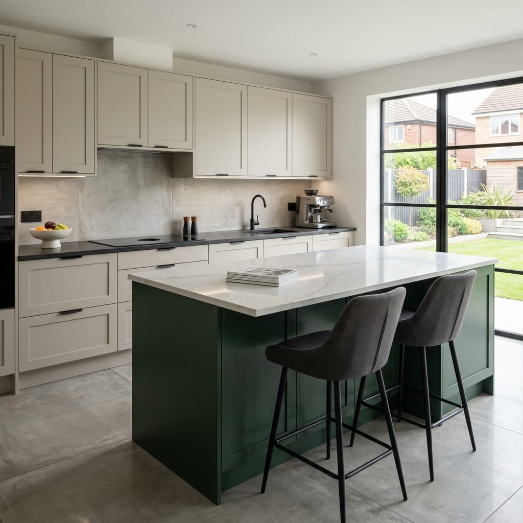 Bespoke kitchen island detail, matt painted handleless slab cabinetry with quality joinery