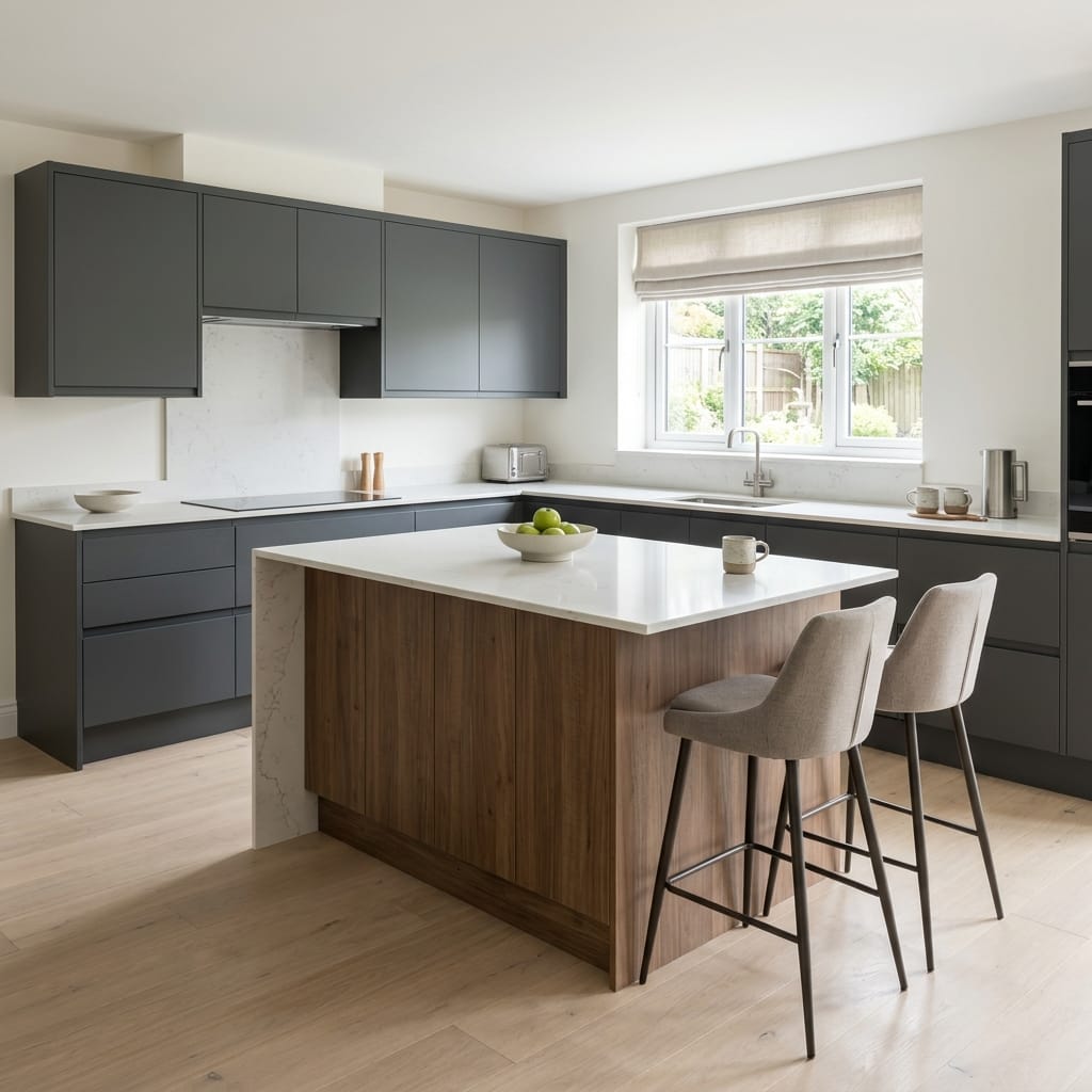 Bespoke kitchen island detail, timber veneer slab-door cabinetry with quality joinery