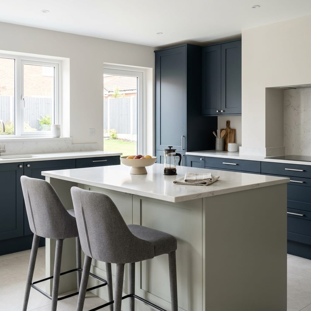 square1_800x800-220 Bespoke kitchen island detail, contemporary painted lay-on cabinetry with quality joinery