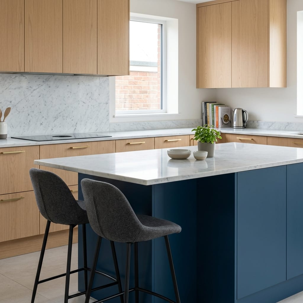 Bespoke kitchen island detail, matt painted handleless slab cabinetry with quality joinery