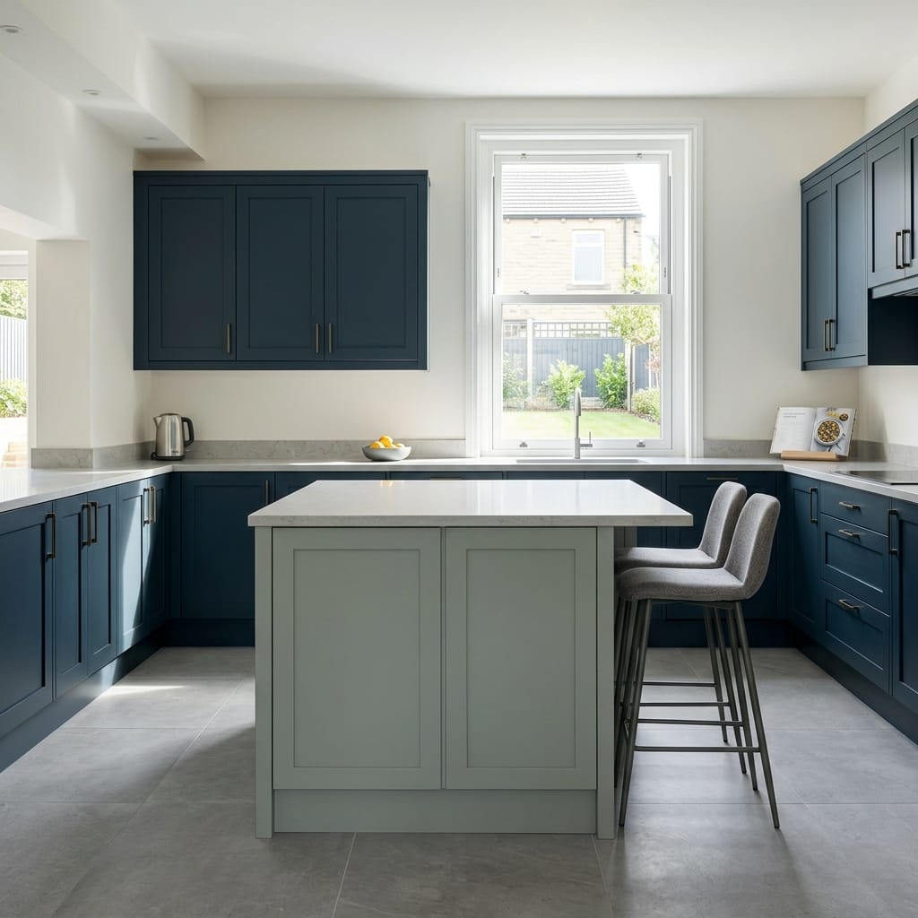Bespoke kitchen island detail, contemporary painted lay-on cabinetry with quality joinery