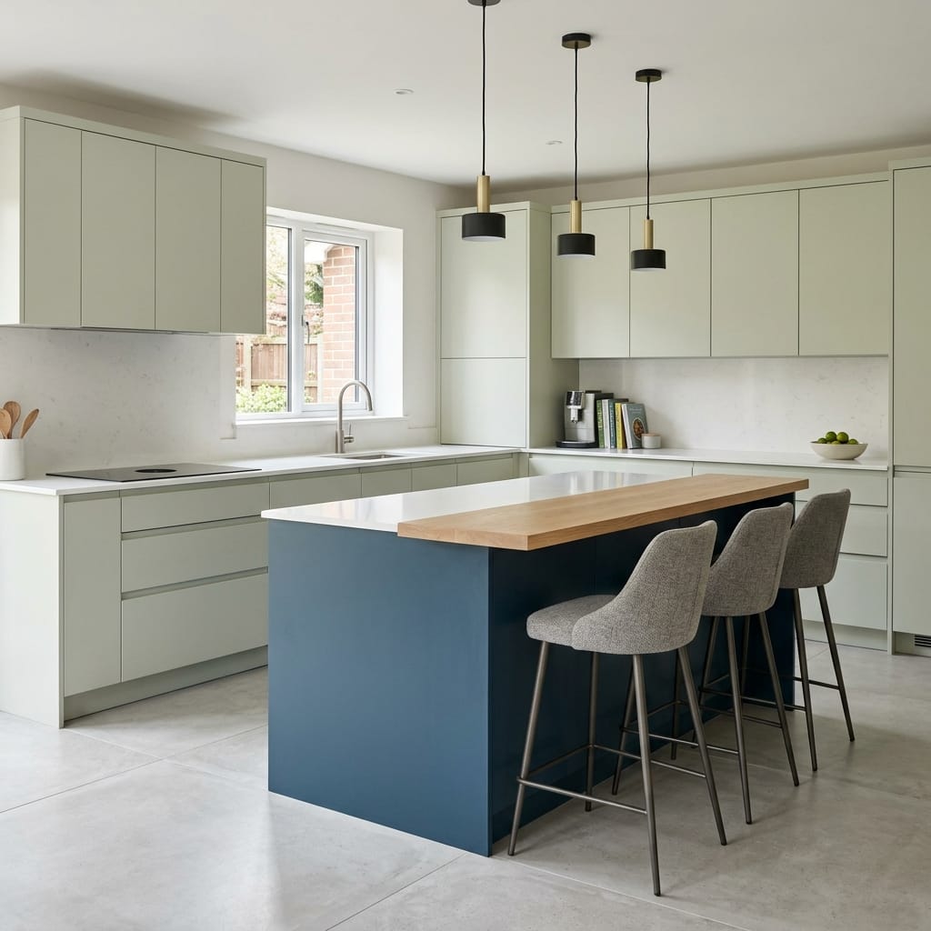 square1_800x800-224 Bespoke kitchen island detail, matt painted handleless slab cabinetry with quality joinery