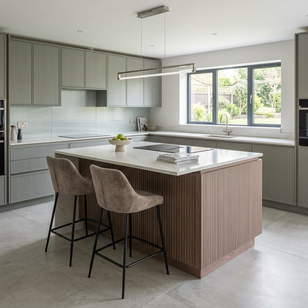 Bespoke kitchen island detail, contemporary painted lay-on cabinetry with quality joinery