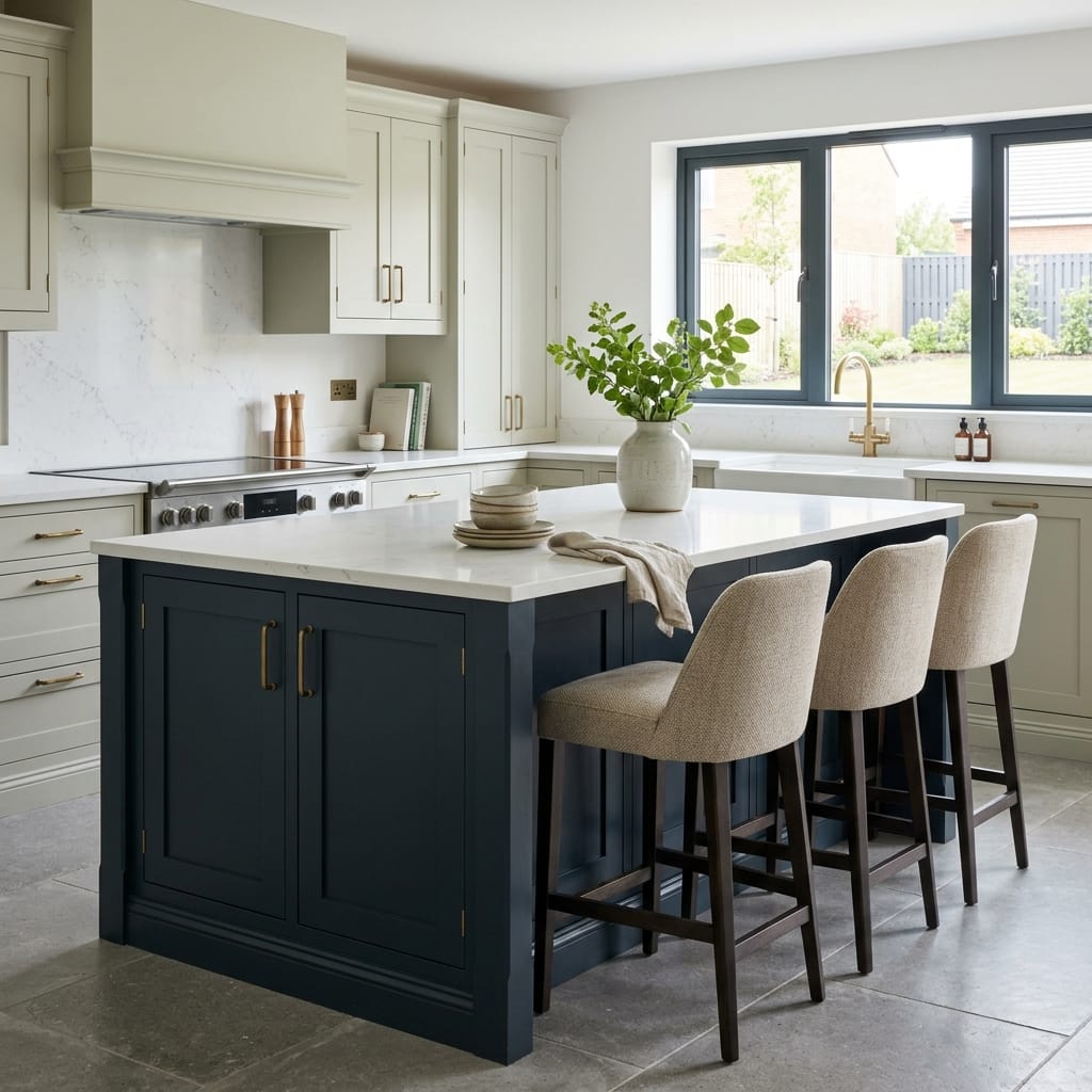 Bespoke kitchen island detail, contemporary painted lay-on cabinetry with quality joinery