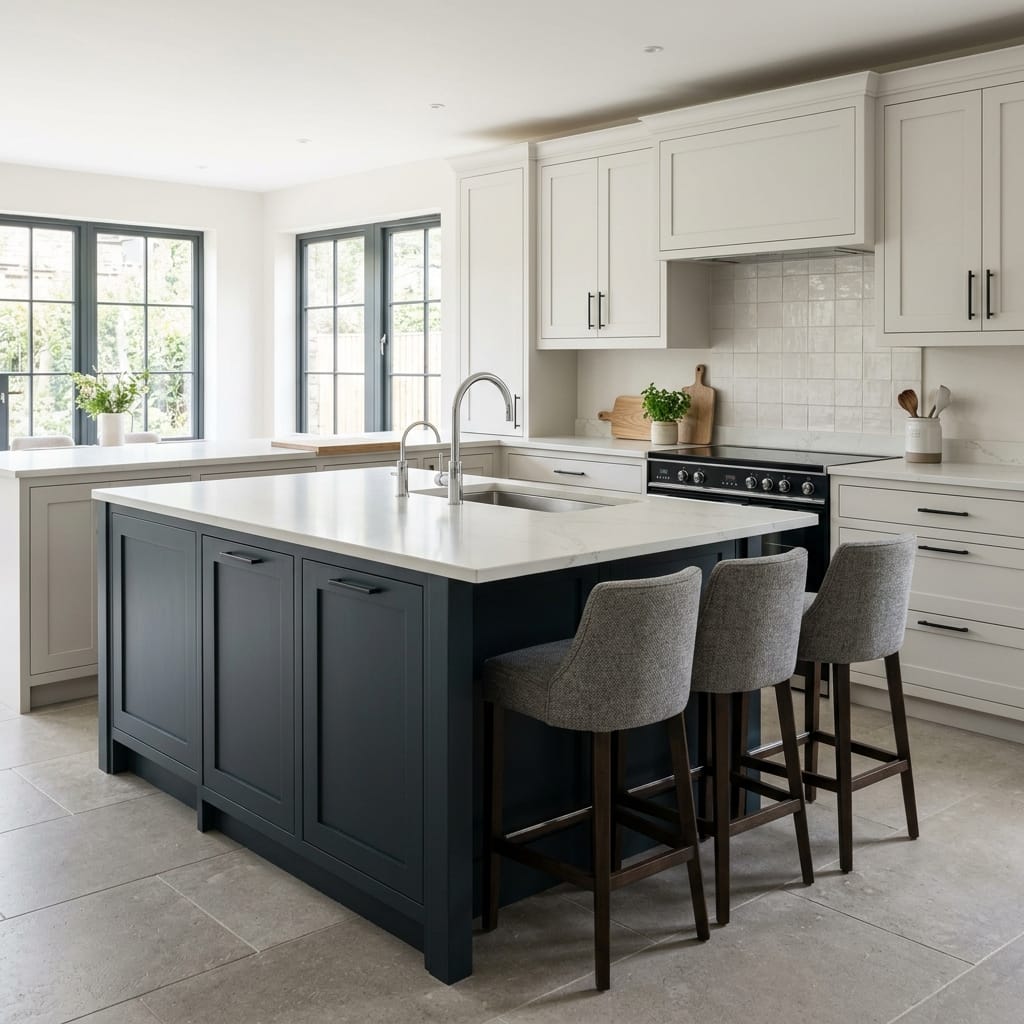 Bespoke kitchen island detail, modern shaker cabinetry with quality joinery