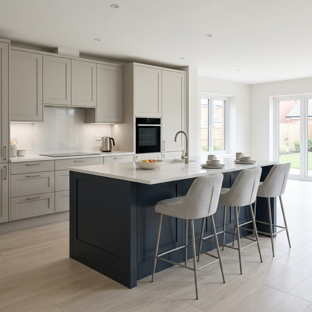 Bespoke kitchen island detail, contemporary painted lay-on cabinetry with quality joinery