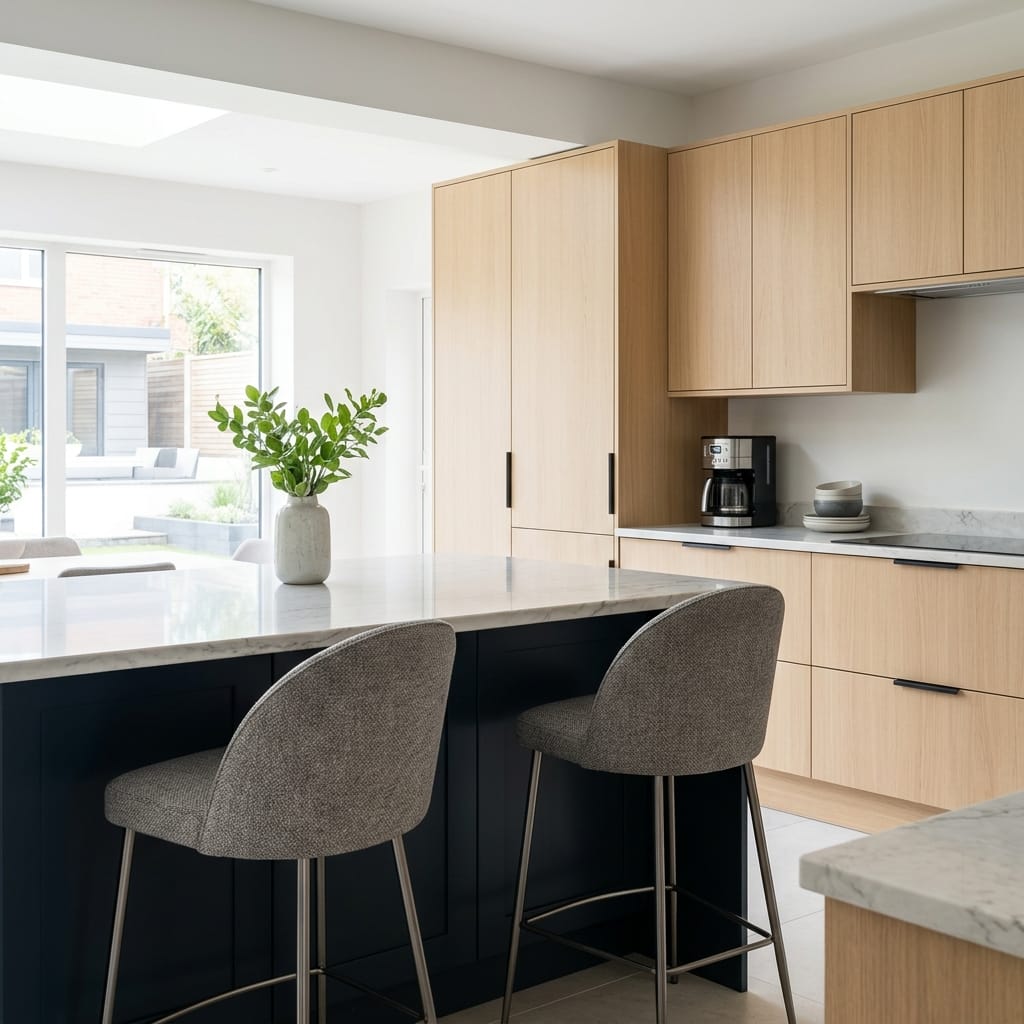 Bespoke kitchen island detail, matt painted handleless slab cabinetry with quality joinery