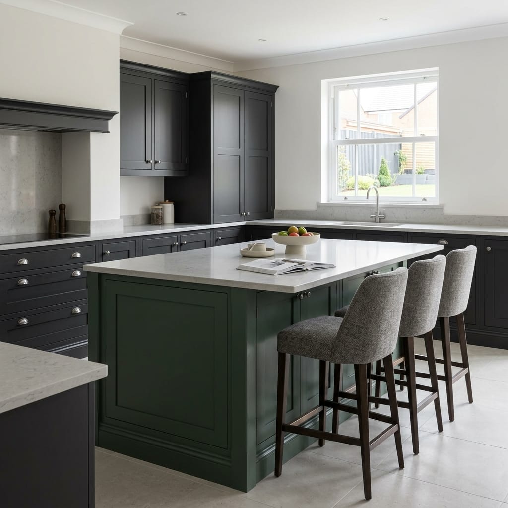 square1_800x800-240 Bespoke kitchen island detail, matt painted handleless slab cabinetry with quality joinery