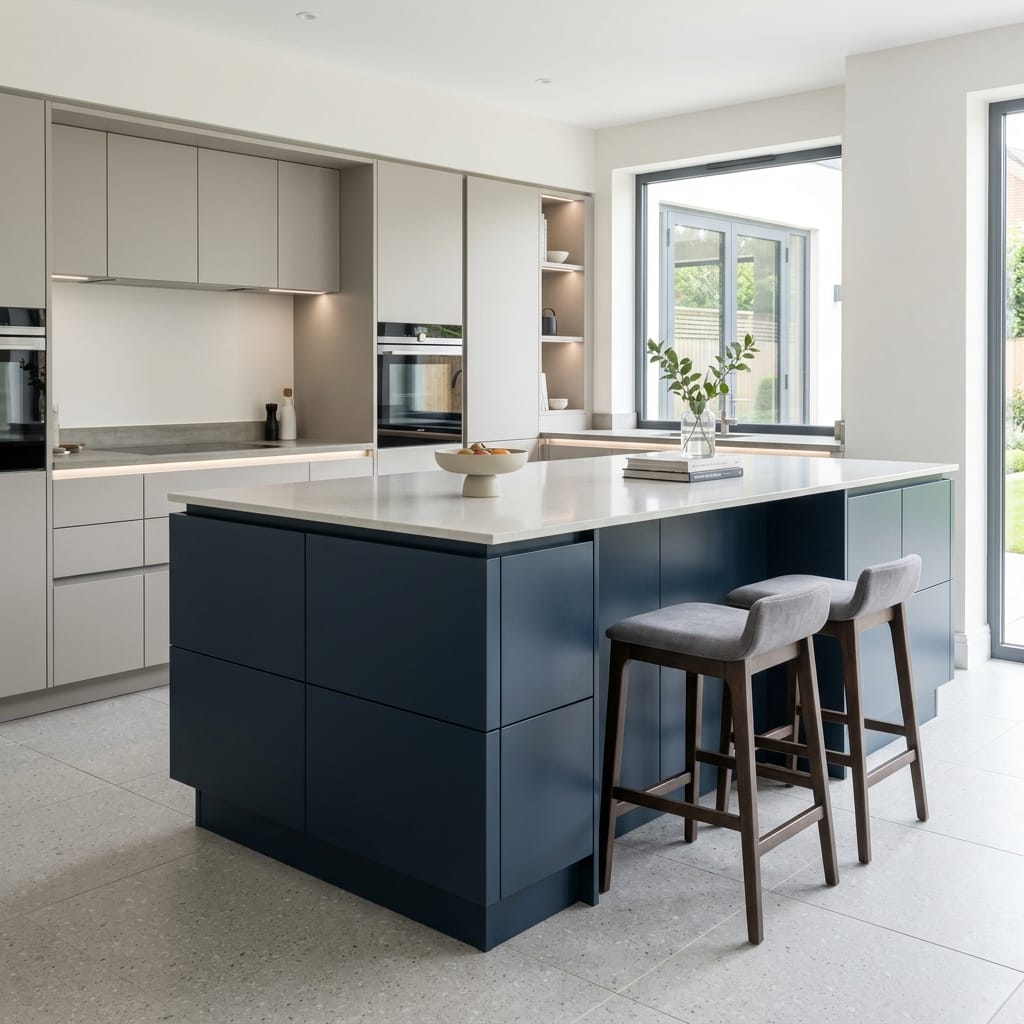 square1_800x800-241 Bespoke kitchen island detail, matt painted handleless slab cabinetry with quality joinery