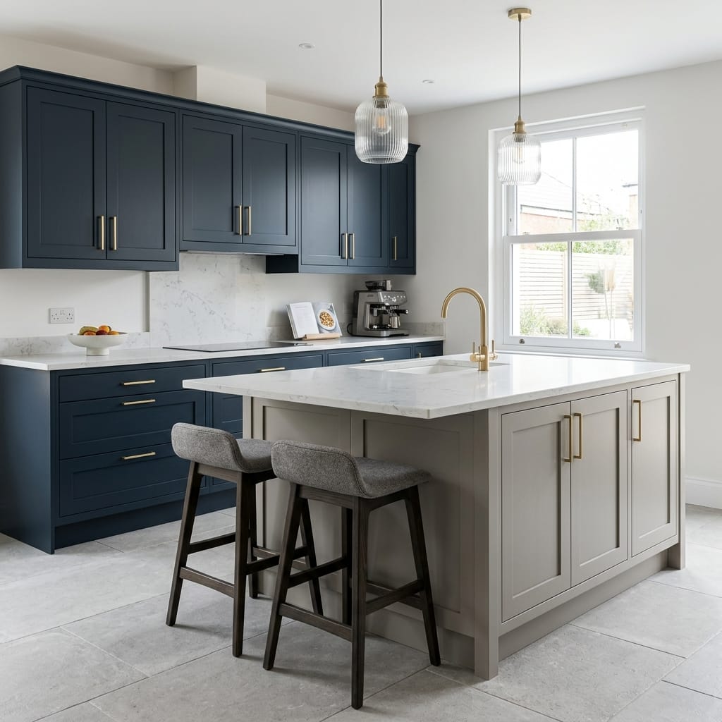 Bespoke kitchen island detail, matt painted handleless slab cabinetry with quality joinery