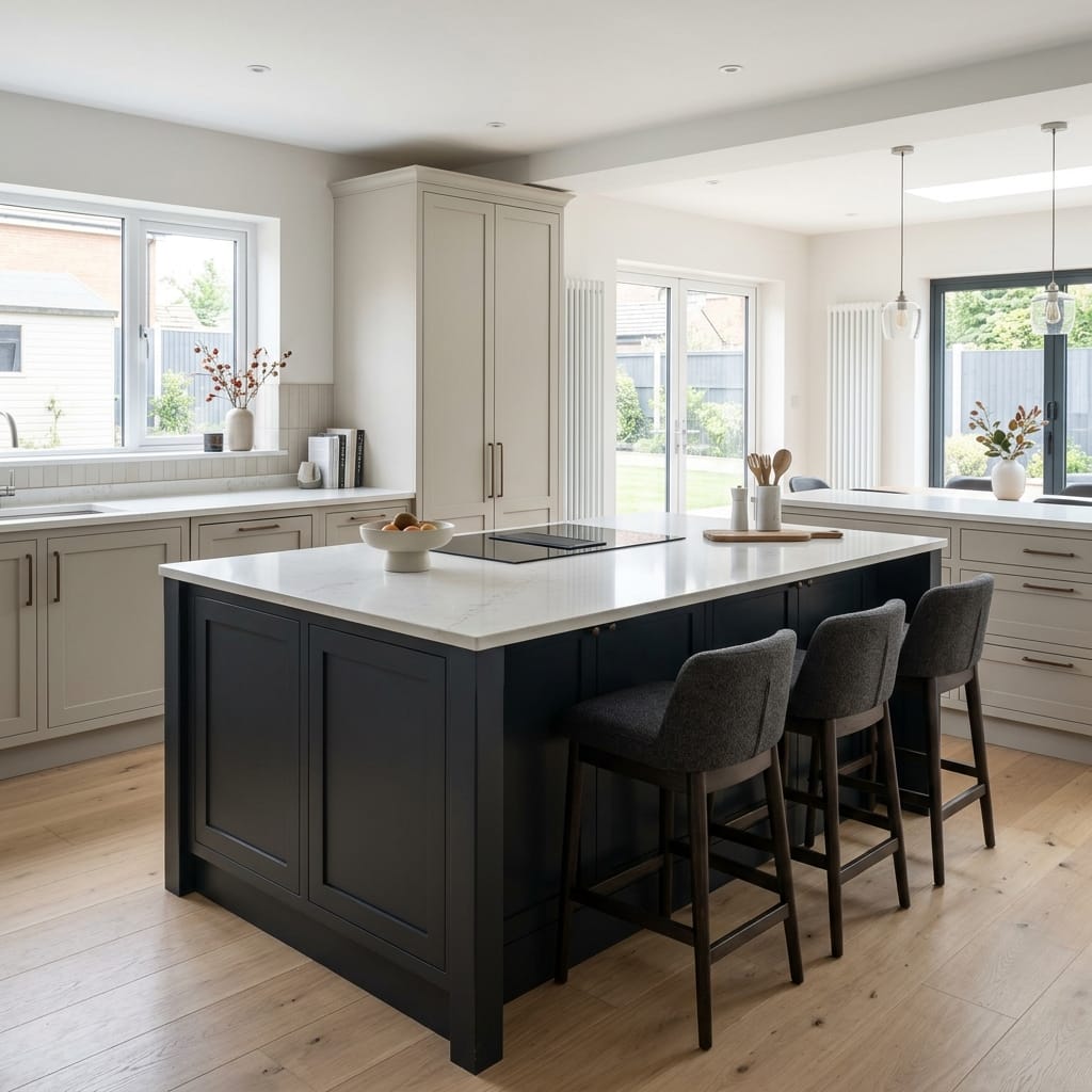 Bespoke kitchen island detail, modern shaker cabinetry with quality joinery