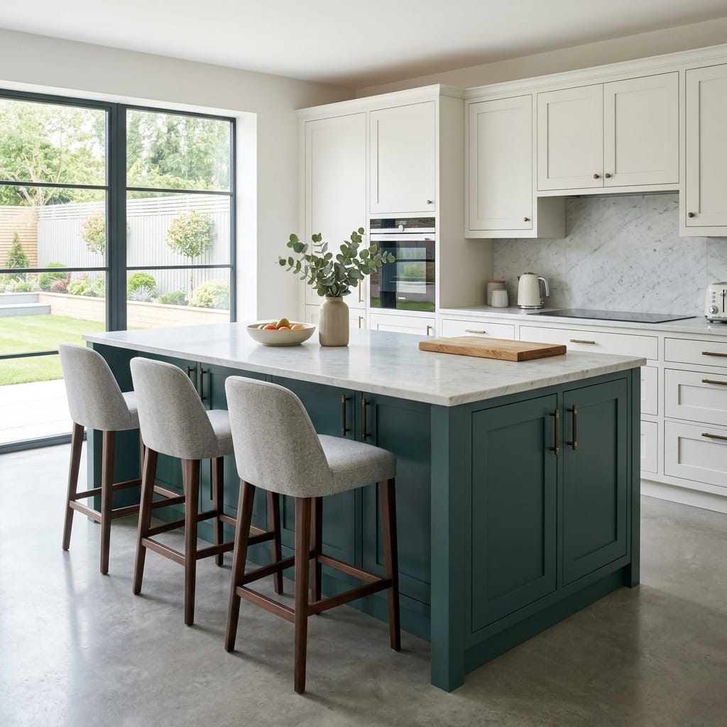 Bespoke kitchen island detail, matt painted handleless slab cabinetry with quality joinery