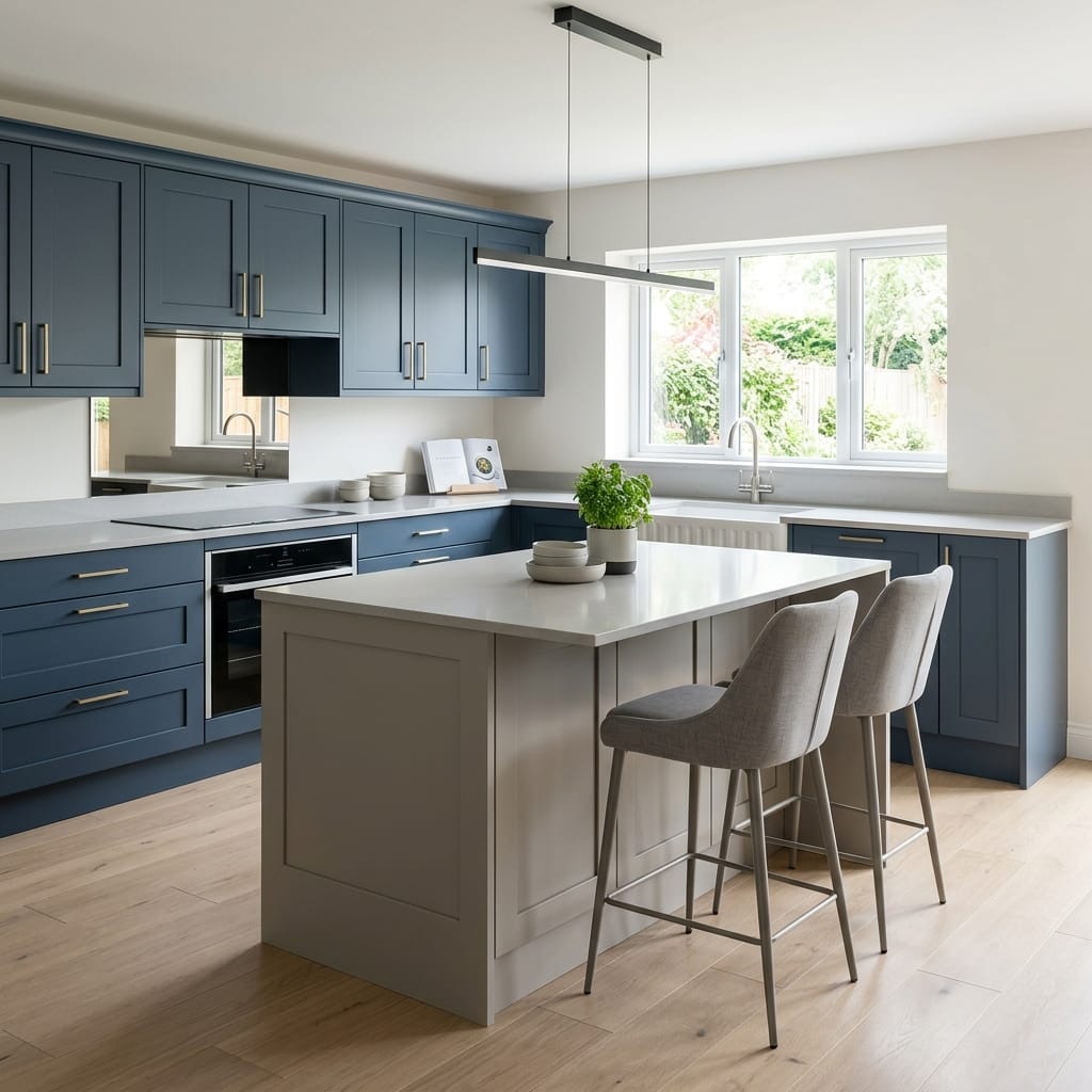 square1_800x800-247 Bespoke kitchen island detail, matt painted handleless slab cabinetry with quality joinery